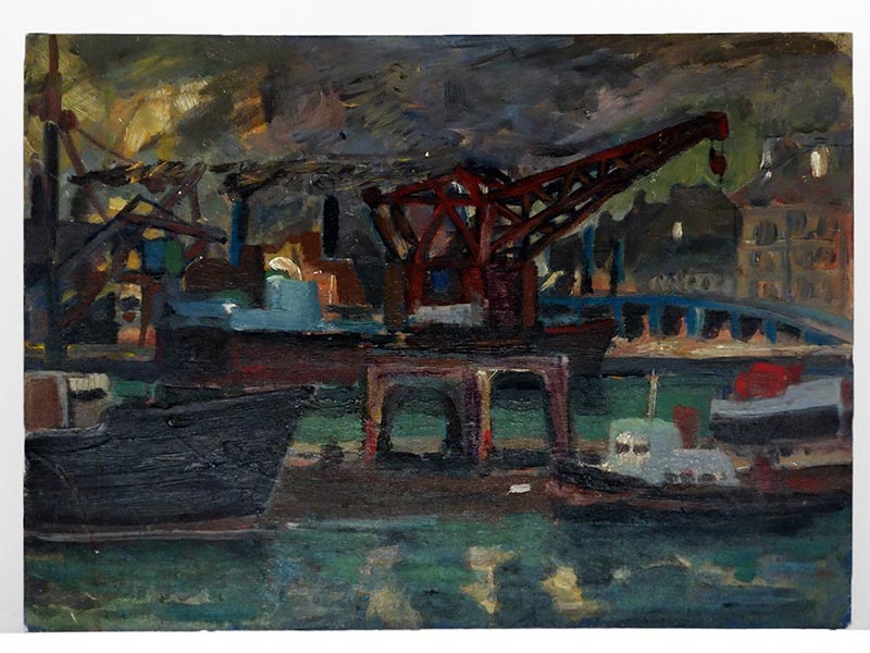 Pierre Cariou - « Port de Hambourg » - Peinture sur toile - 1986